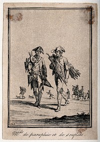A man selling bellows and another selling umbrellas. Etching by J. Duplessi-Bertaux.