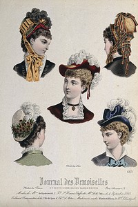 The heads and shoulders of five women wearing hats elaborately decorated with feathers, ribbons, and flowers. Coloured line block.