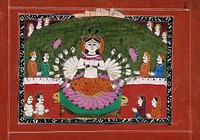 Durga on a lotus with all her weapons surrounded by devotees. Gouache drawing.