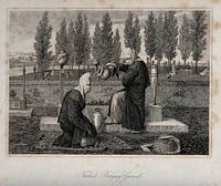 Two women in a Turkish burying ground; one kneeling on a rug, the other watering plants. Engraving.