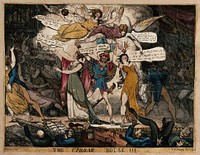A riot at the King's theatre, Haymarket, London, on 1 May 1813. Coloured etching by W.H. Brooke after Satirist, 1813.