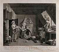 The distressed poet. An angry milkmaid is collecting money from the poet's abode. Engraving by T. Cook after W. Hogarth.