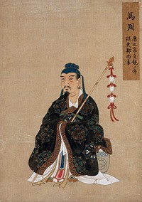 A Chinese seated figure with ornamental bamboo staff and head-dress. Painting by a Chinese artist, ca. 1850.