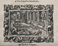 Saint Luke, writing his gospel. Woodcut by J. Lucius after Virgil Solis.