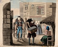Street vendors and shops in a street in Paris. Coloured aquatint by R.B. Peake.