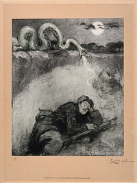 World War One: a large snake, symbolic of a gas attack, strikes at a sleeping soldier. Colour halftone after a crayon drawing by L. Raemaekers.