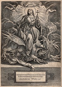 Saint Margaret: with the aid of the Holy Cross she crushes a dragon and receives the rewards of martyrdom. Engraving by H. Wierix after J. Stradanus.