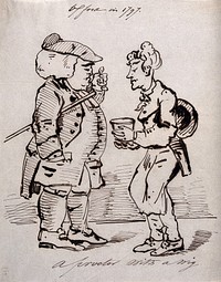 An Oxford University proctor wearing a wig and carrying a cane looks through a quizzing glass at a flowerpot shown to him by a gardener. Pen and ink drawing by or after G.M. Woodward.