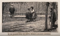 Lourdes, Haute Pyrénées, France: pilgrims praying and confessing by the roadside. Wood engraving.
