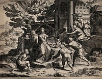 The birth of Christ among ruins. Engraving by J. Sadeler after Polidoro da Caravaggio.