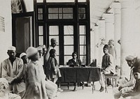 The Pasteur Institute Hospital, Kasauli, India: Indian patients awaiting examination and giving their medical history, prior to treatment for rabies. Photograph, ca. 1910.