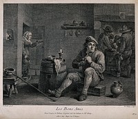A man sits by a barrel-table smoking his pipe, behind others play cards and a woman enters the room. Engraving by P. Chenu after D. Teniers.