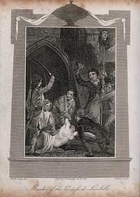 The murder of Maria-Theresa of Savoy-Carignan, Princess of Lamballe: French revolutionaries dragging her naked, headless, body along the streets of Paris with her head on a pike. Etching by T. Wallis after W.M. Craig, 1815.