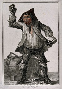 A drunken young man raises a glass in one hand and spills wine from a flask in the other. Coloured etching by R.F. Brichet, 1784, after J. F. de Göz.