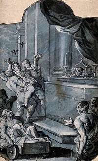 A man suffering from mental illness or epilepsy is held up in front of an altar on which is a reliquary with the face of Christ, several lame men are also at the altar in the hope of a miracle cure. Watercolour.