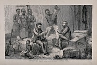 Henry Morton Stanley and David Livingstone in central Africa, reading British newspapers. Process print after Pearson after J.B. Zwecker.