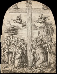 The Holy Cross, with Saint Catherine of Siena, Saint Mary Magdalen, Saint Catherine of Alexandria, Saint Radegund, Saint Paula, Saint Helen, Constantine the Great and other saints in adoration. Engraving by N. Beatrizet, 1557.