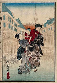 A city with western-style buildings (in Japan), in which a western couple are observed by Japanese. Woodcut after Kyōsai (Gyōsai), 1874.