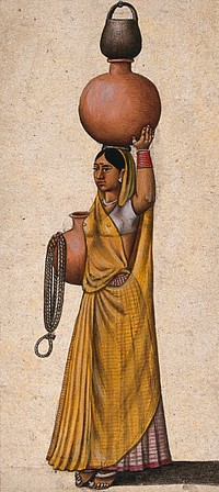 A woman carrying two earthenware pots to transport water and a rope and a black pot to draw water from the well. Gouache painting by an Indian artist.