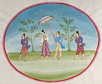 Burma: a lady attended by two standing bodyguards and by a servant holding a parasol. Watercolour.