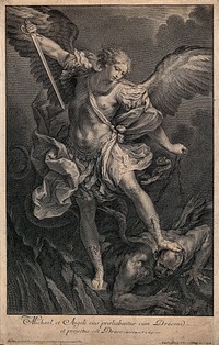 Saint Michael the Archangel: he tramples on the head of the devil and raises his sword against him. Engraving by J. Frey, 1734, after G. Reni.