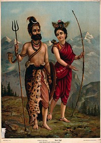 Shiva as a Kirat (tribal Bhil huntsman) with a huntswoman. Chromolithograph by R. Varma.