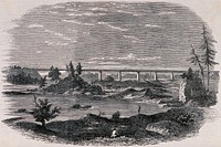 A long railway bridge crosses a rocky and watery landscape. Wood engraving.