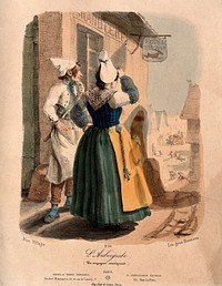 A woman inn-keeper and her cook stand outside the hotel watching the arrival of a coach in the high street. Coloured lithograph by A.J.L. Jazet, 1843.