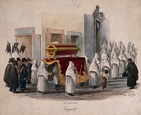 Members of different brotherhoods carrying a coffin during a procession. Coloured lithograph by Gatti and G. Dura after G. Dura.