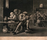 A man plays on a musical instrument as others sit around at tables with glasses and pitchers on them, an old woman is reading from a sheet of paper. Mezzotint by N. Pether after David Teniers.