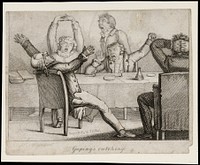 Men around a table yawning. Etching by T.L. Busby, ca. 1826.