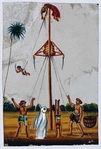Acrobats: a woman lying on top of a pole holding on to a boy tied to one end of a rope, while someone in a penguin costume watches a man do a headstand. Gouache painting on mica by an Indian artist.
