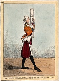 A man in uniform is carrying a large sack over his shoulder and a long roll of paper tied with ribbon in his hands. Coloured etching.