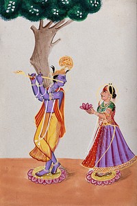 Radha and Krishna. Gouache drawing.