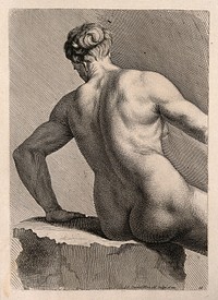 An old woman sitting in the nude: back view. Engraving by J.D. Herz after himself, c. 1732.