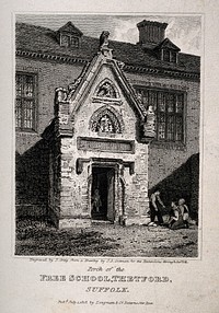 Free School, Thetford, Suffolk: doorway. Etching by J. Greig, 1818, after J.S. Cotman.