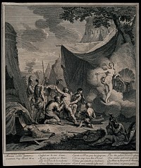 Venus appears to Aeneas while he is being treated after being wounded in battle. Engraving by L. Desplaces after J.B. Nattier, 17--.