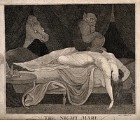 A woman fast asleep with her head hanging down, a devil is sitting on her stomach and a horse peeps through a curtain; representing her nightmare. Stipple engraving by M.J. Schmidt after J.H. Füssli (Fuseli).