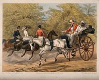 A British administrator and retired physician driving a carriage at high speed, accompanied by an Indian servant. Coloured lithograph by E. Walker after Captain G.F. Atkinson.