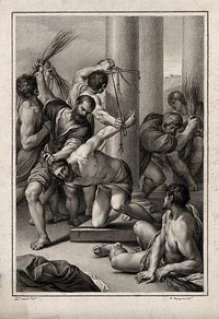 The binding and flagellation of Christ. Drawing by F. Rosaspina, c. 1830, after L. Carracci.