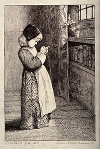 A little girl in Elizabethan costume stands in a room trying to thread a needle. Etching by A. Boulard the younger after Laura Alma Tadema.