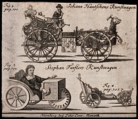 Above, Johann (Hans) Hautsch of Nuremberg driving his horseless carriage said to have been powered by clockwork; below, Stephan Farfler, a disabled clockmaker of Altdorf, with two of the hand-powered cars that he devised and built to convey himself to church. Engraving, 1730.