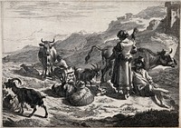 A woman spinning wool directly of a sheep lying on the ground while another woman milks a cow in the background. Etching.