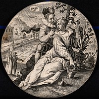 A courting couple sit by a tree and the man hands a flower to the woman. Engraving.