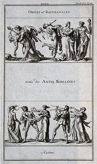 The orgies and wild dances of the ancient Romans. Engraving.