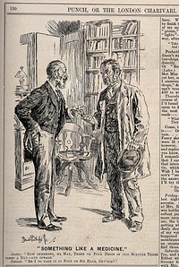A patient completely misunderstanding a doctor. Wood engraving by B. Partridge, 1898.