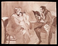 A father reading a novel with an affecting plot to his wife and daughters. Drawing, ca. 1810 .