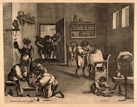Practitioners and patients in a busy barber-surgeon's shop; represented by monkeys and cats. Engraving by C. Boel after D. Teniers.