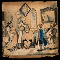 A barber pinching a fat bald-headed man's nostrils; two men stand to the right, a woman to the left and another woman eavesdrops behind a door. Ink drawing with watercolour.