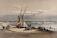 The shore at Sur, ancient Tyre, Lebanon. Coloured lithograph by Louis Haghe after David Roberts, 1843.